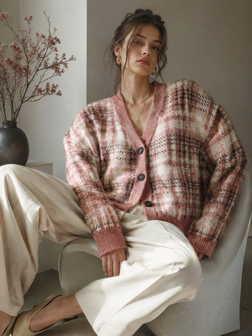 Ricki’s Pink Plaid Knit Cardigan Sweater Size S NWT